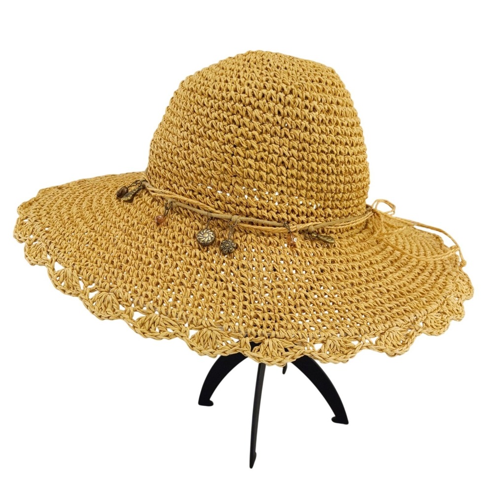 Scala Collezione Sun Hat Yellow Woven Paper Straw Scalloped Brim Shell Charms